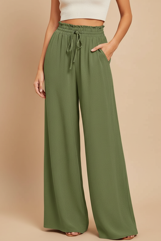 Pantalon Japonais Vert Kaki Fluide Ample Taille Élastique - Viscose