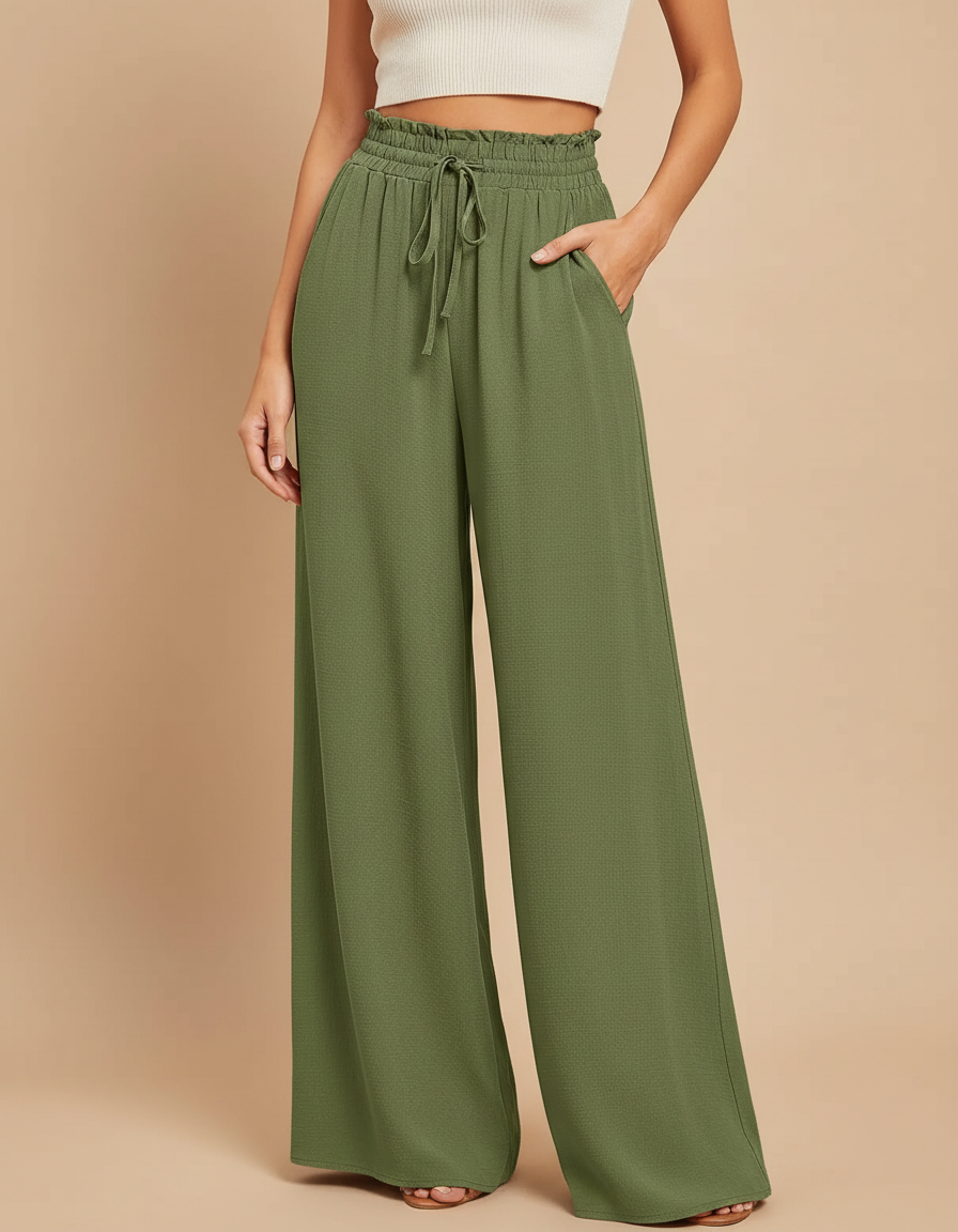 Pantalon Japonais Vert Kaki Fluide Ample Taille Élastique - Viscose