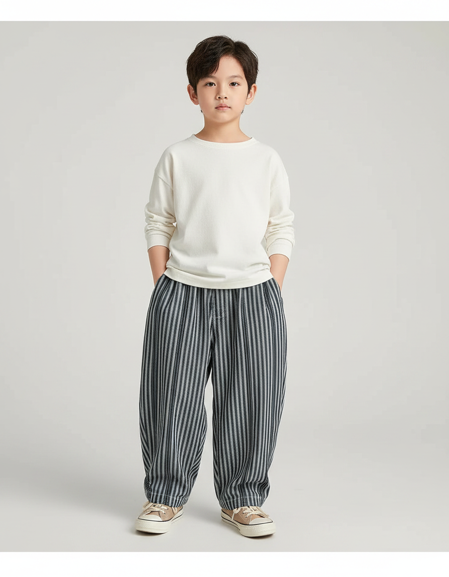 Pantalon Japonais Rayé Ample Fluide Coton Élastique Décontracté - Imprimé