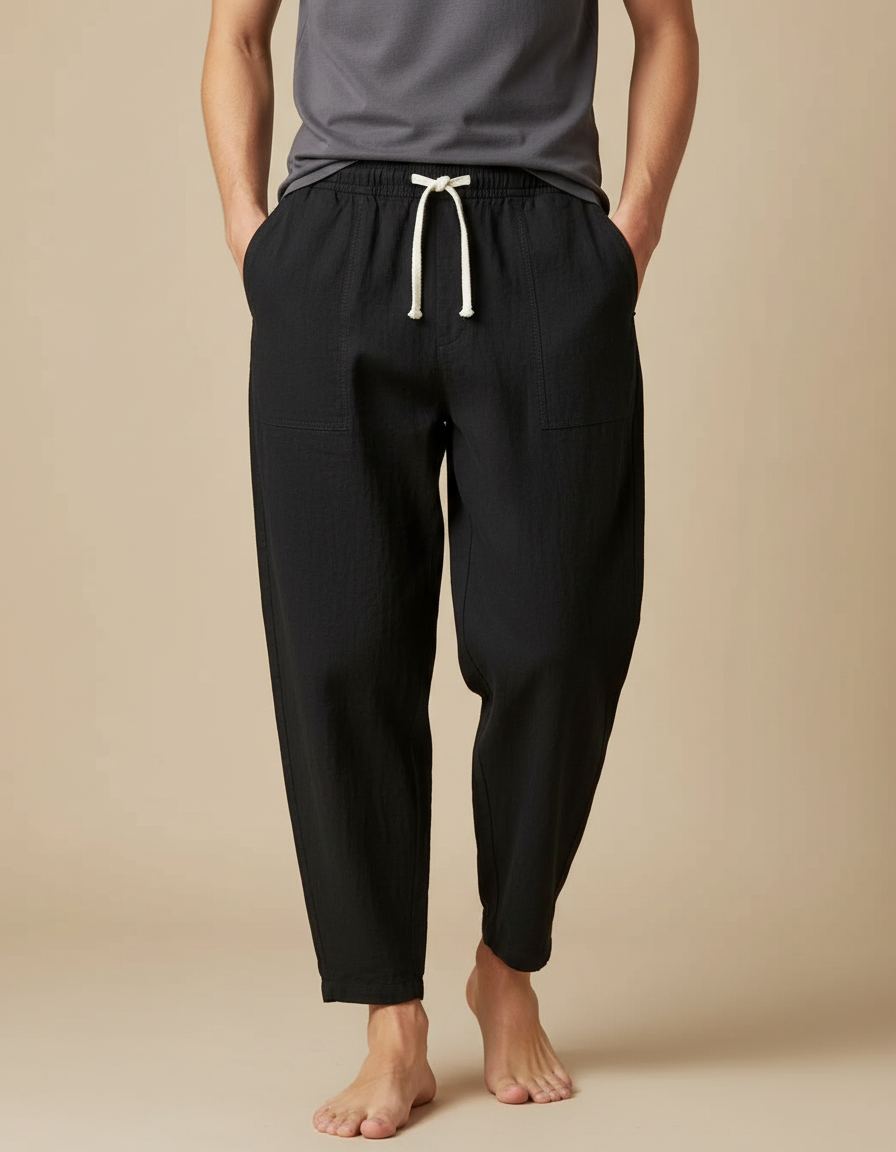 Pantalon Japonais Noir Fluide Coton Lin Décontracté