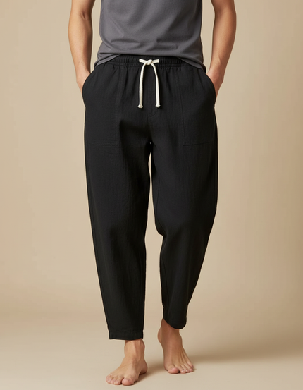 Pantalon Japonais Noir Fluide Coton Lin Décontracté