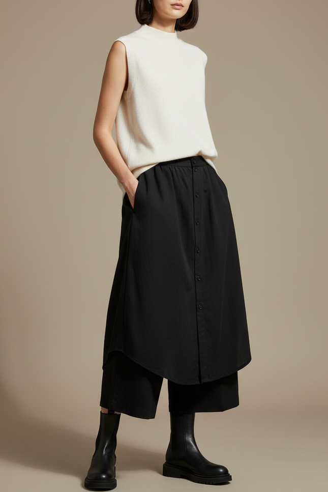 Pantalon Japonais Noir Ample Boutonné Fluide Décontracté - Viscose