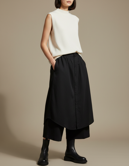 Pantalon Japonais Noir Ample Boutonné Fluide Décontracté - Viscose