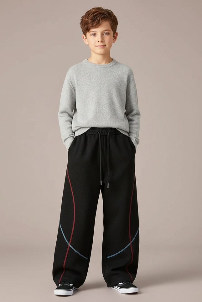 Pantalon Japonais Noir Ample Rayures Colorées Garçon - Molleton