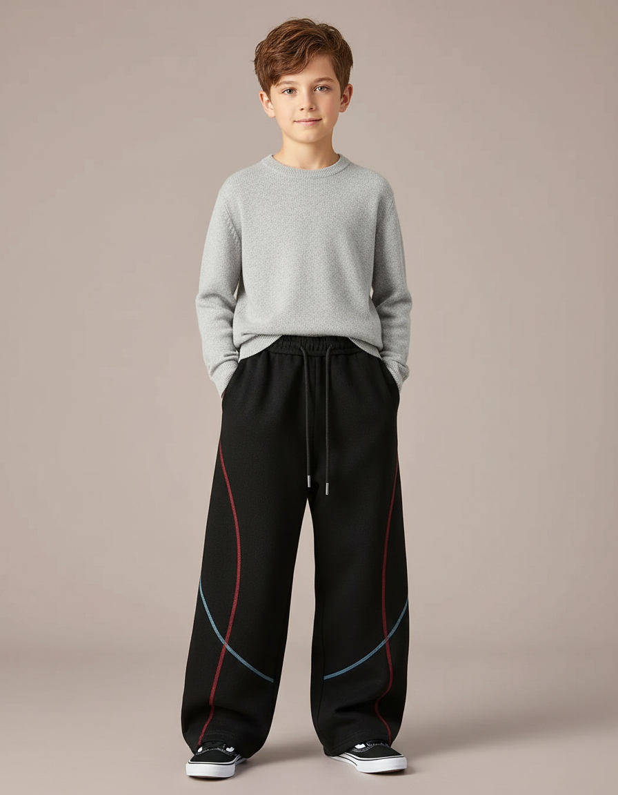 Pantalon Japonais Noir Ample Rayures Colorées Garçon - Molleton