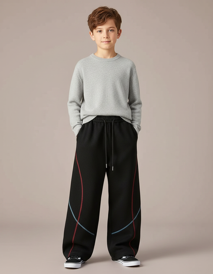Pantalon Japonais Noir Ample Rayures Colorées Garçon - Molleton
