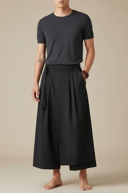 Pantalon Japonais Noir Ample Fluide Asymétrique Gothique - Polyester