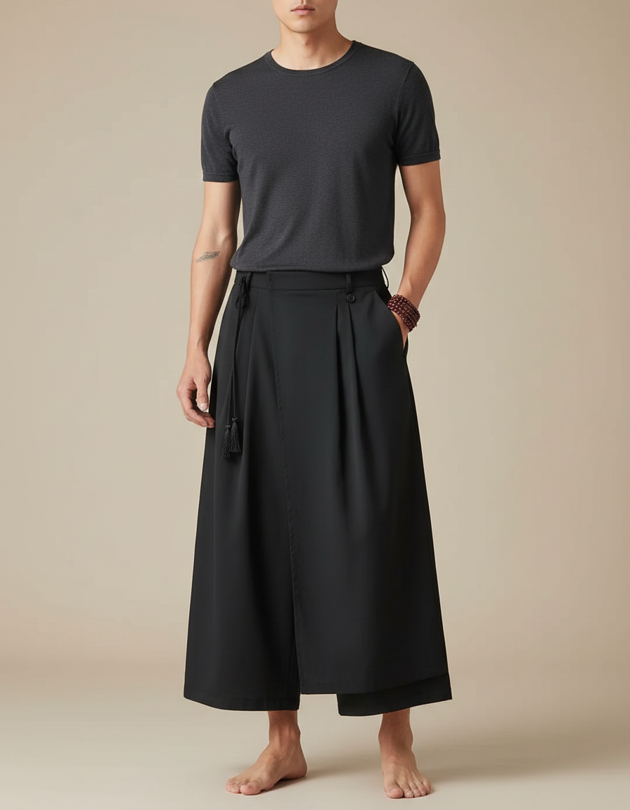 Pantalon Japonais Noir Ample Fluide Asymétrique Gothique - Polyester