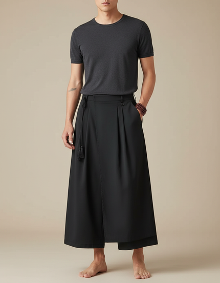 Pantalon Japonais Noir Ample Fluide Asymétrique Gothique - Polyester