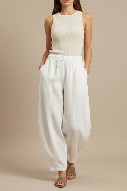 Pantalon Japonais Blanc Lin Ample Élastique Femme
