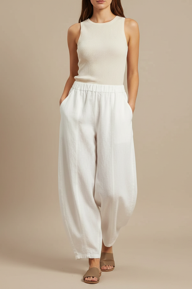 Pantalon Japonais Blanc Lin Ample Élastique Femme
