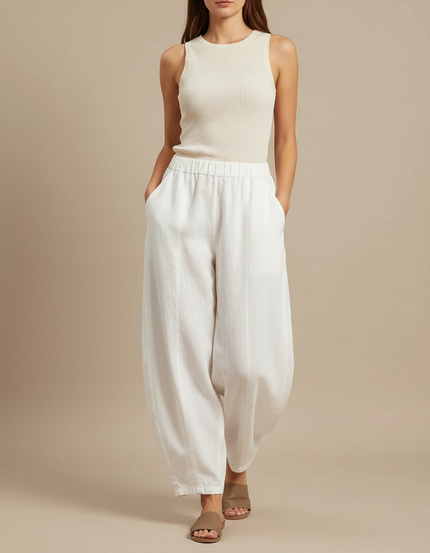Pantalon Japonais Blanc Lin Ample Élastique Femme
