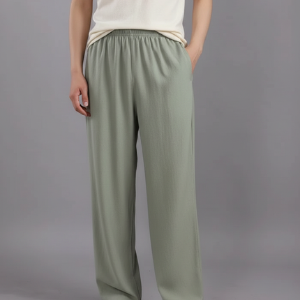 Pantalon Japonais Vert Ample Lin Unisexe Décontracté
