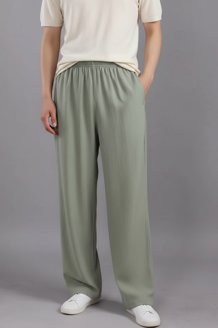 Pantalon Japonais Vert Ample Lin Unisexe Décontracté
