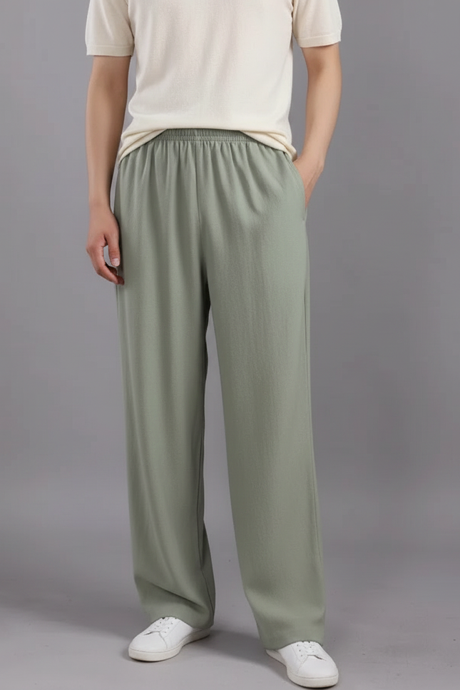 Pantalon Japonais Vert Ample Lin Unisexe Décontracté