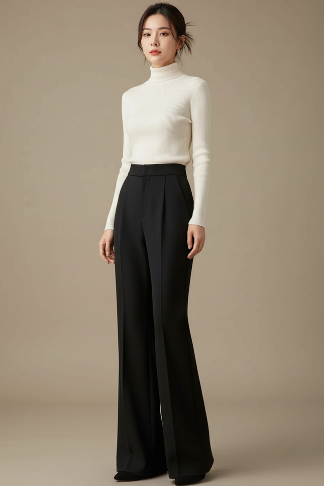 Pantalon Japonais Noir Large Évasé Élégant Femme - Polyester