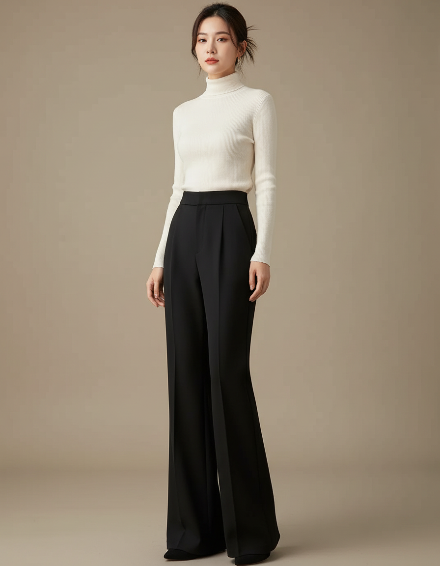 Pantalon Japonais Noir Large Évasé Élégant Femme - Polyester