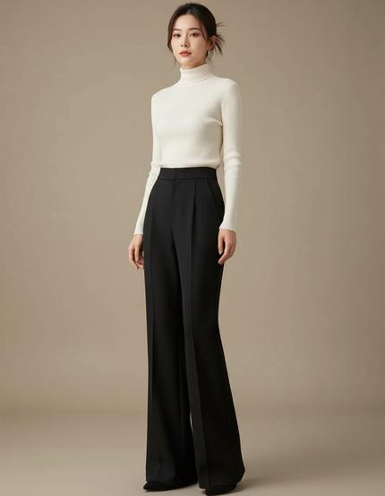Pantalon Japonais Noir Large Évasé Élégant Femme - Polyester