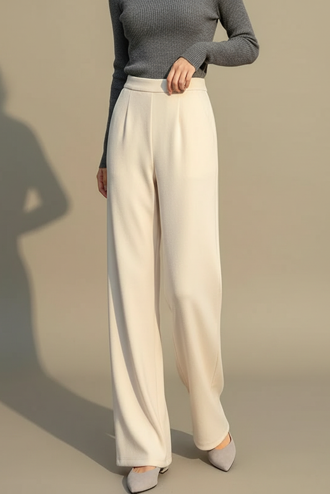 Pantalon Japonais Crème Ample Droit Élégant Doux - Beige Maille