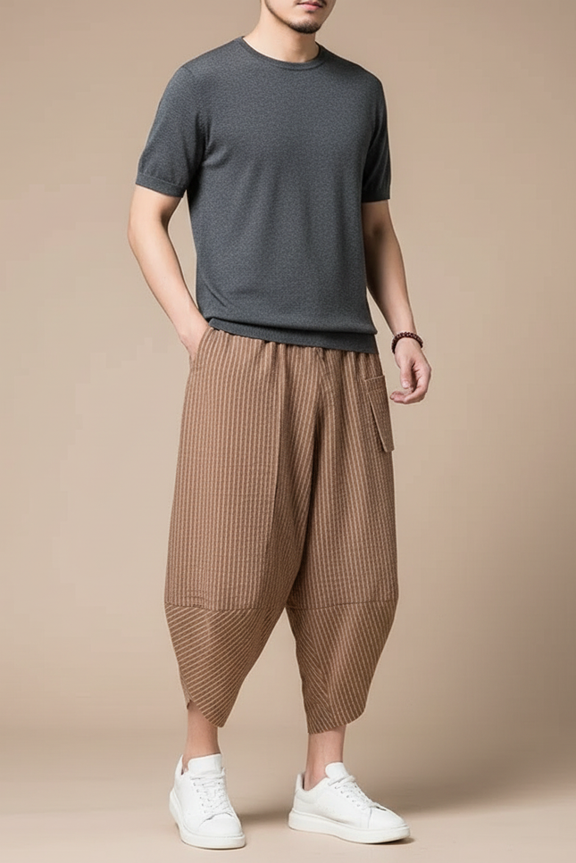 Pantalon Japonais Rayé Marron Ample Coton Harem