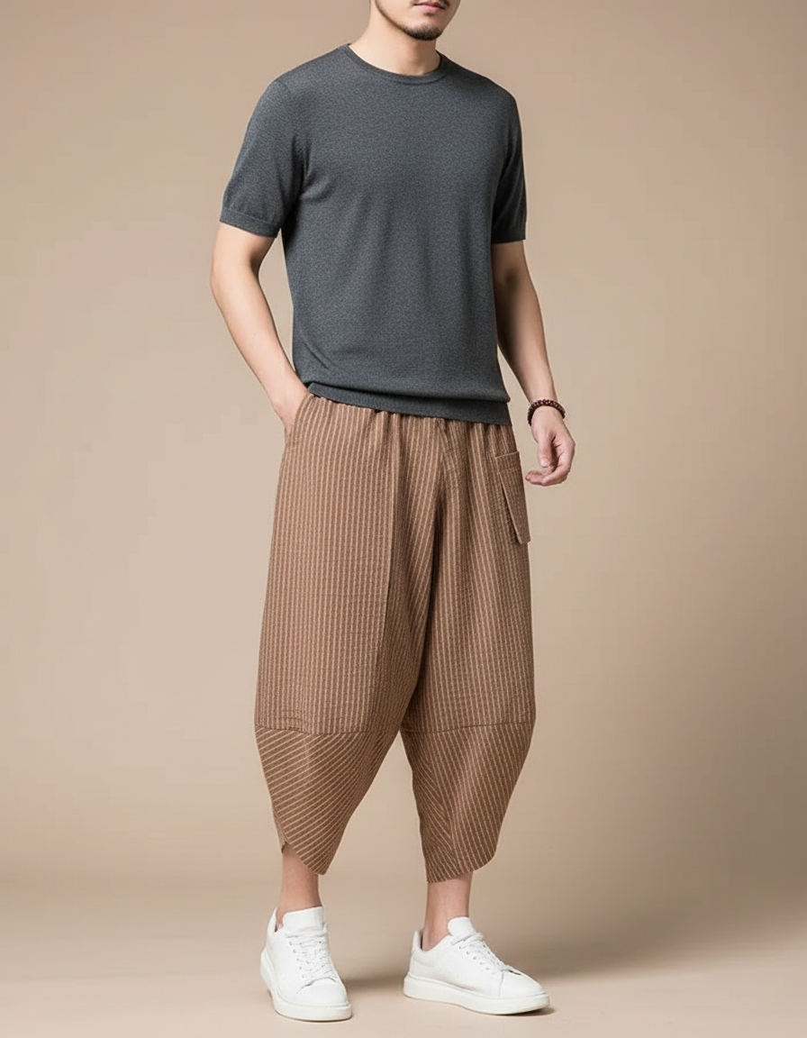 Pantalon Japonais Rayé Marron Ample Coton Harem