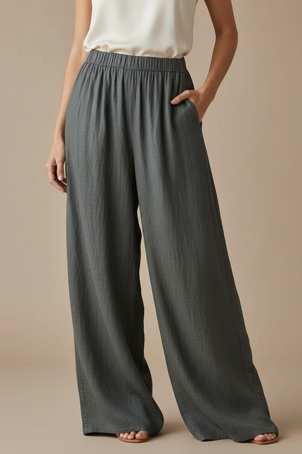 Pantalon Japonais Gris Lin Ample Fluide Femme - Kaki