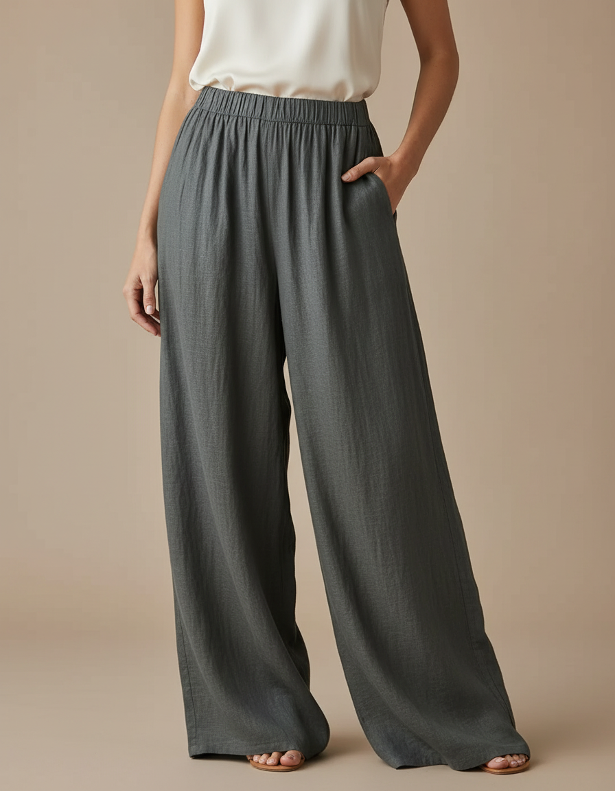 Pantalon Japonais Gris Lin Ample Fluide Femme - Kaki