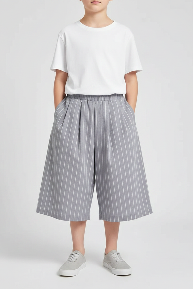 Pantalon Japonais Gris Rayé Fluide Ample Coton