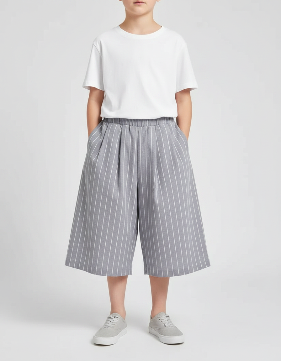 Pantalon Japonais Gris Rayé Fluide Ample Coton