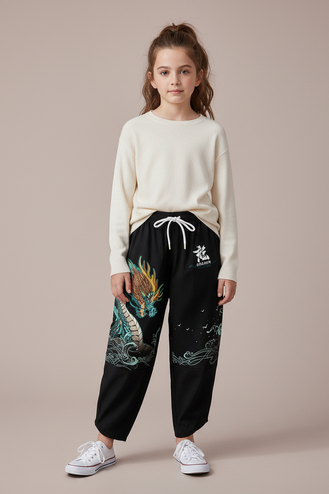 Pantalon Japonais Noir Dragon Ample Enfant - Molleton