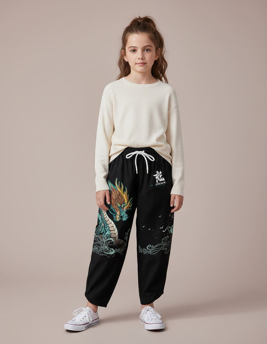 Pantalon Japonais Noir Dragon Ample Enfant - Molleton