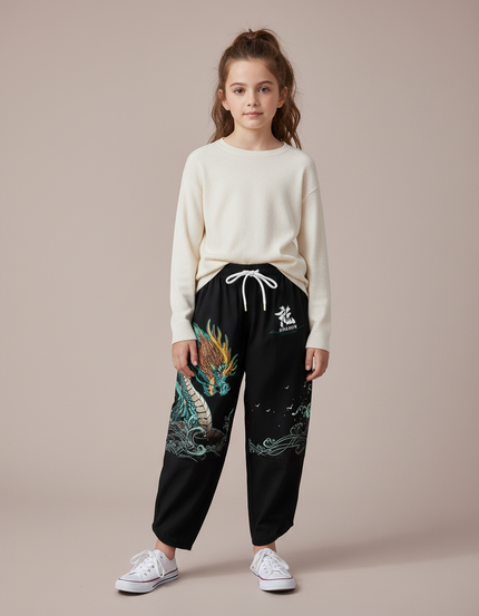 Pantalon Japonais Noir Dragon Ample Enfant - Molleton