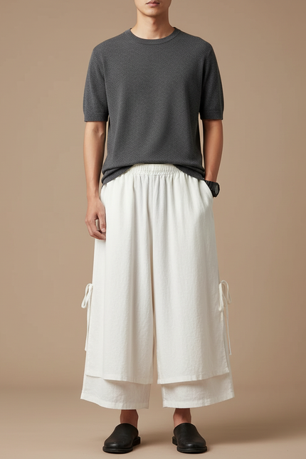 Pantalon Japonais Blanc Ample Fluide Lin Palazzo