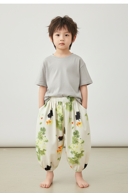 Pantalon Japonais Blanc Imprimé Carpes Ample Enfant - Coton