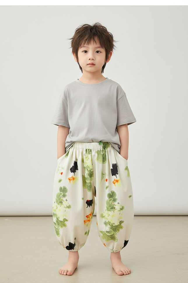 Pantalon Japonais Blanc Imprimé Carpes Ample Enfant - Coton