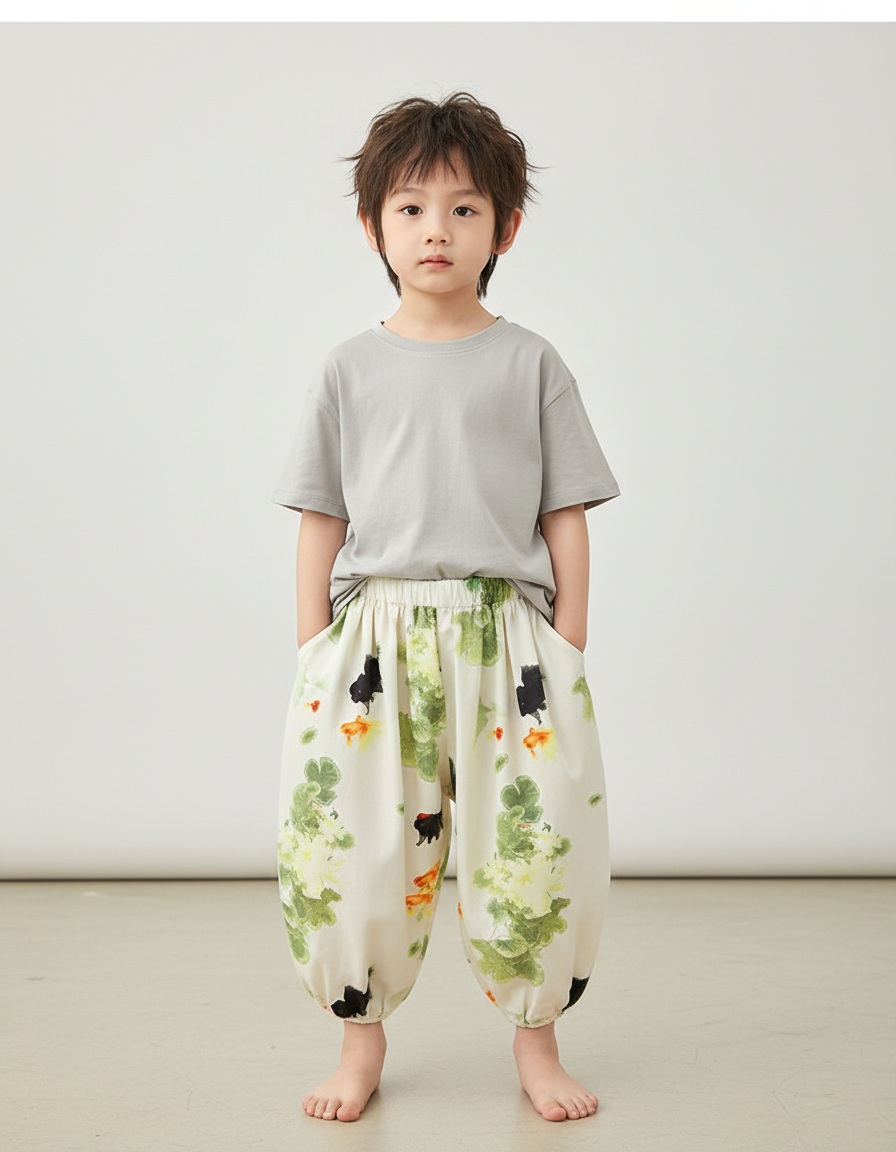 Pantalon Japonais Blanc Imprimé Carpes Ample Enfant - Coton