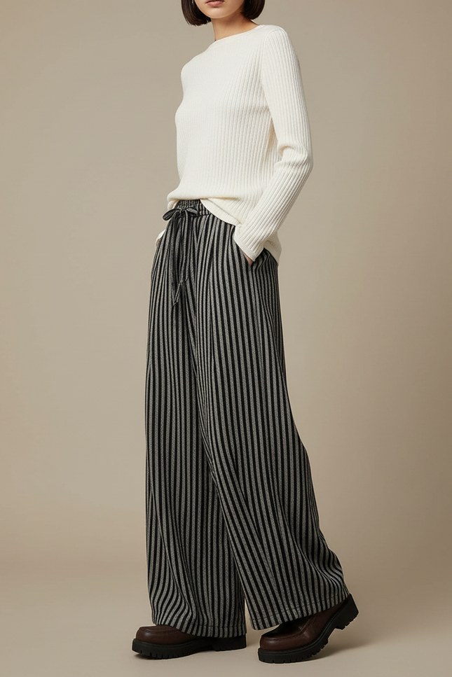 Pantalon Japonais Rayé Ample Taille Haute Noir - Maille