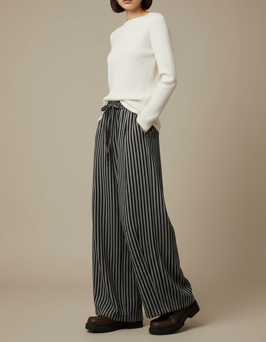 Pantalon Japonais Rayé Ample Taille Haute Noir - Maille