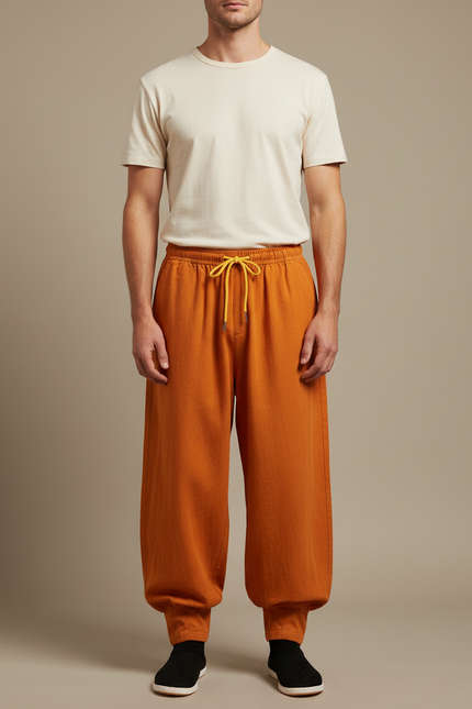 Pantalon Japonais Ample Coton Orange Confortable - Molleton