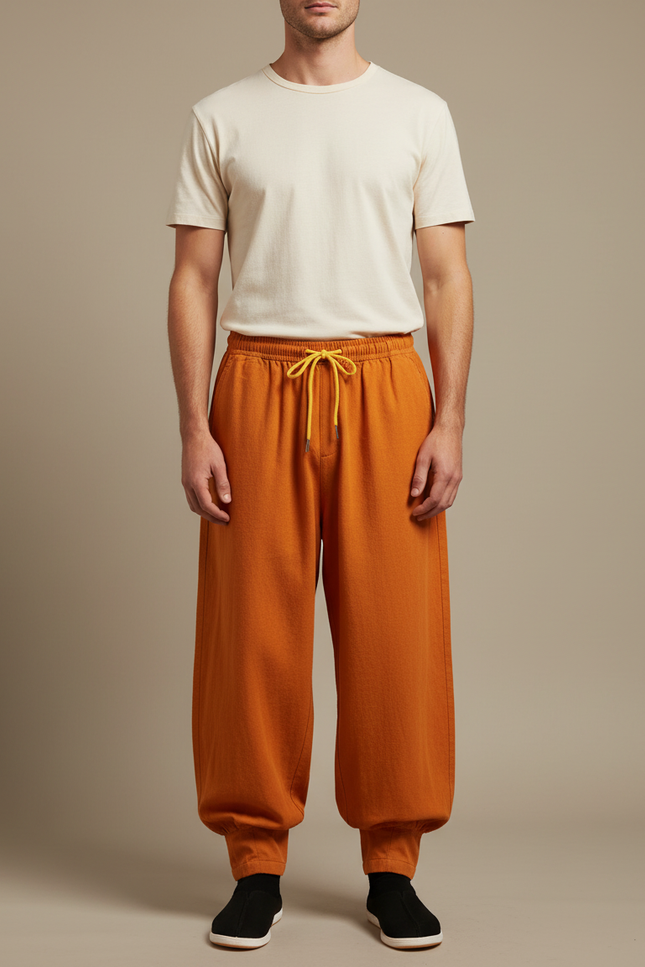 Pantalon Japonais Ample Coton Orange Confortable - Molleton
