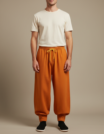 Pantalon Japonais Ample Coton Orange Confortable - Molleton