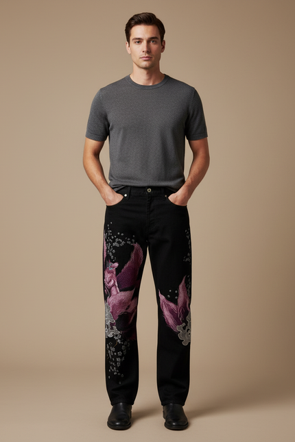 Pantalon Japonais Noir Dragon Brodé Ample Homme - Jean
