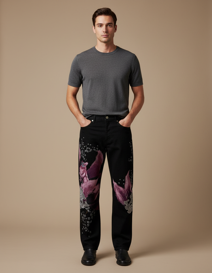 Pantalon Japonais Noir Dragon Brodé Ample Homme - Jean