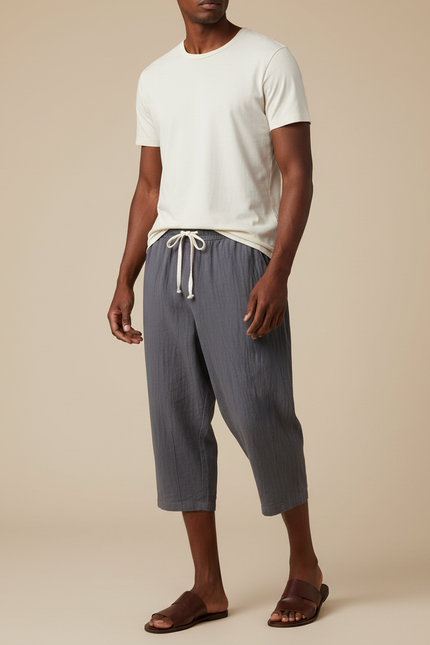 Pantalon Japonais Gris Coton Ample Court Cordon