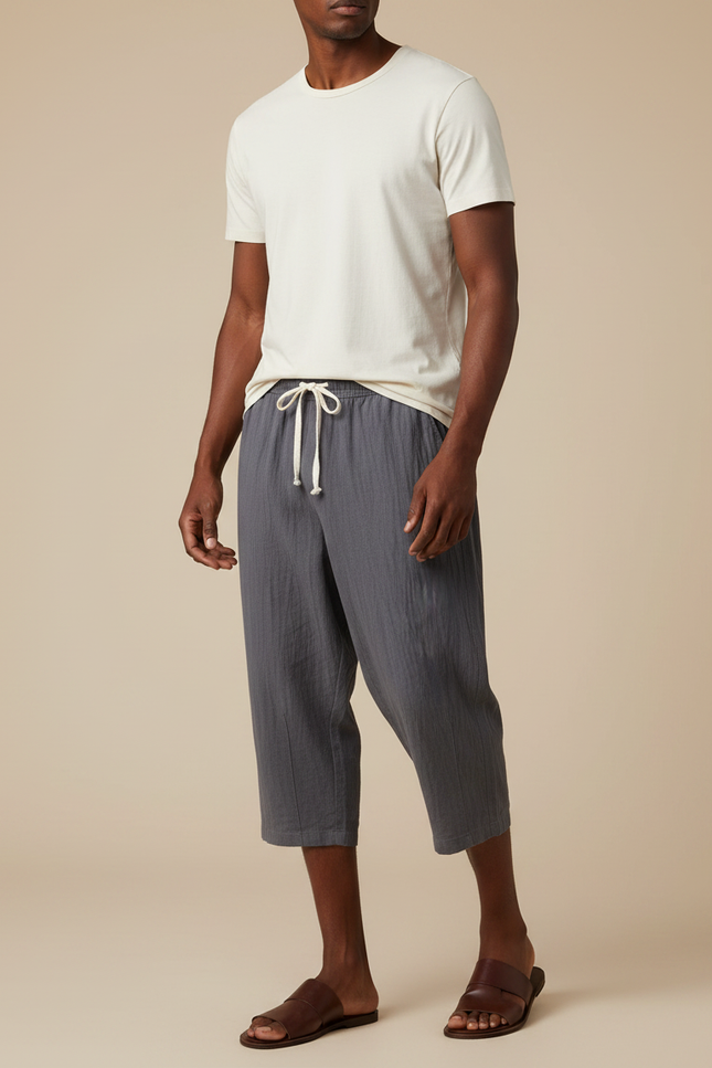 Pantalon Japonais Gris Coton Ample Court Cordon
