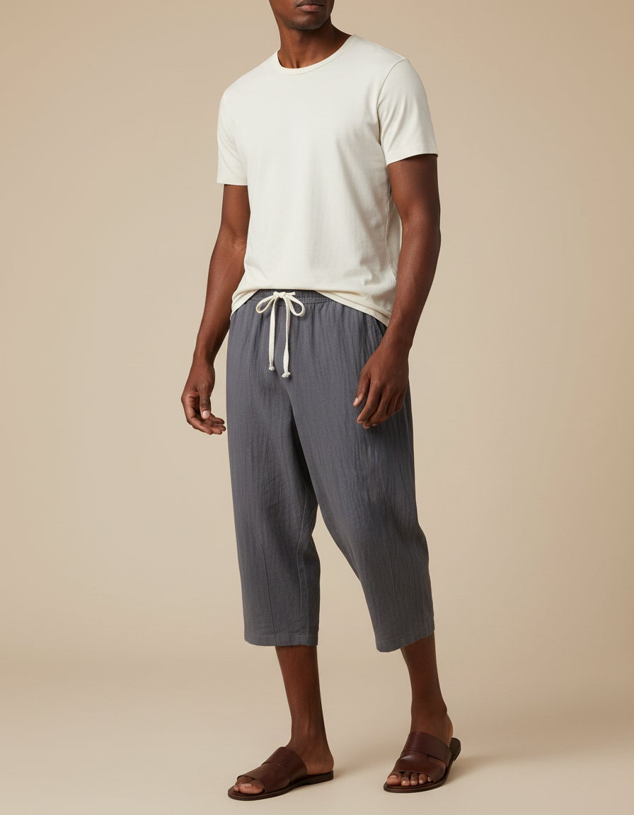 Pantalon Japonais Gris Coton Ample Court Cordon