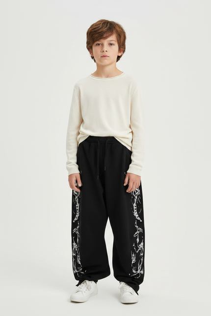 Pantalon Japonais Noir Large Streetwear Imprimé Gothique - Molleton
