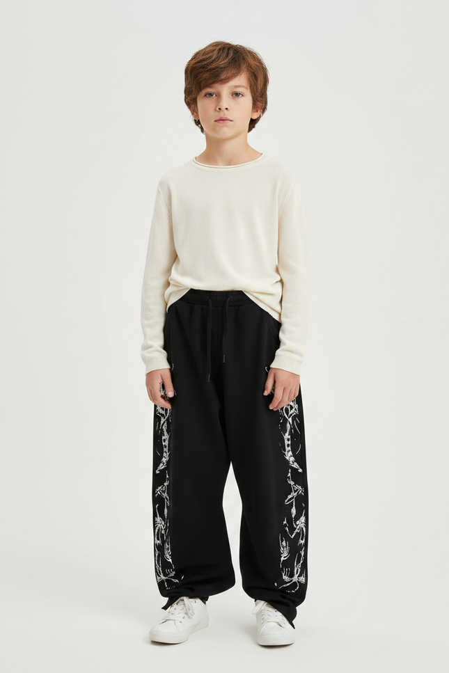 Pantalon Japonais Noir Large Streetwear Imprimé Gothique - Molleton