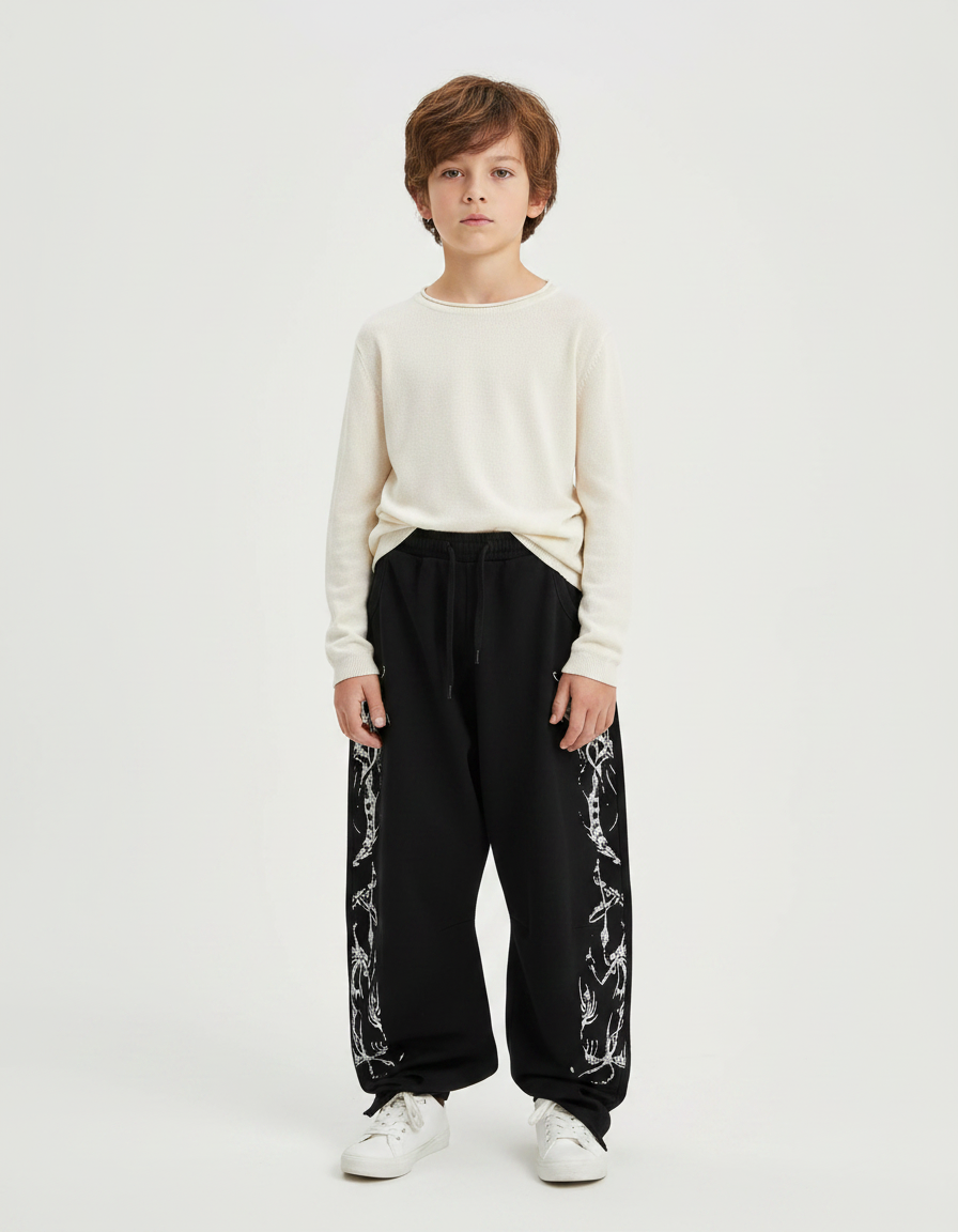 Pantalon Japonais Noir Large Streetwear Imprimé Gothique - Molleton
