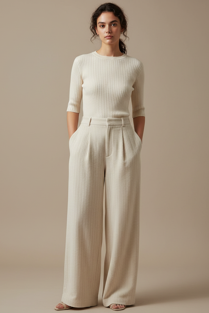 Pantalon Japonais Crème Ample Droit Élégant Plissé - Beige Tweed